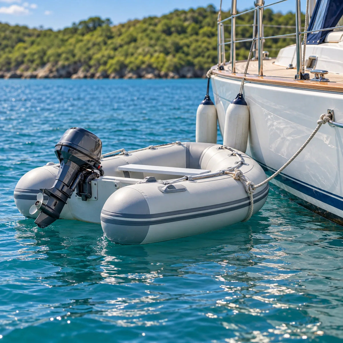 An inflatable dinghy with a raised outboard tied alongside a white sailboat on blue-green water.
