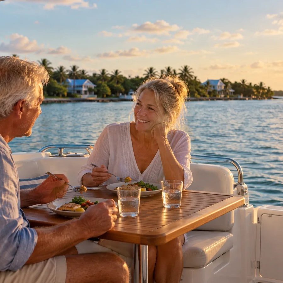An older couple shares a meal aboard a powerboat, with a sailboat and palm-lined waterfront behind them in warm evening light.