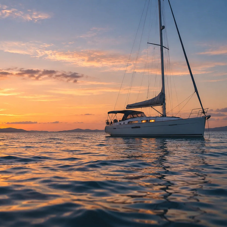 A sailboat with furled sails and glowing cabin windows beneath a peach-colored evening sky.