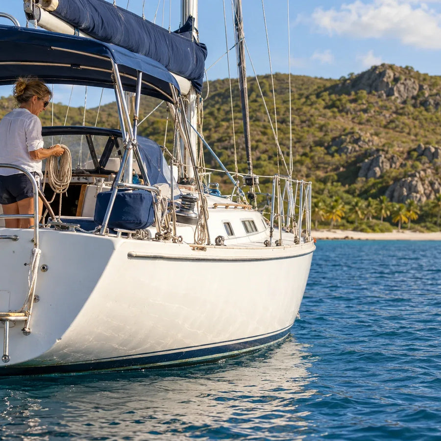 A woman coils a rope aboard a white cruising sailboat, with blue water and a rocky green hillside behind her.