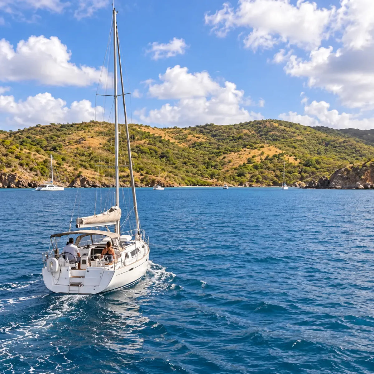 A cruising sailboat motors across rippled blue water toward a rocky, wooded shoreline, with several boats in the distance.