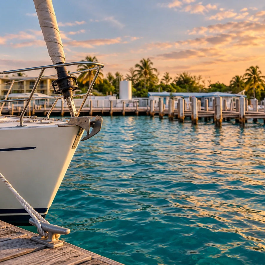 A sailboat’s bow and mooring line frame rippling blue-green water, with palms and marina docks beneath a softly colored evening sky.