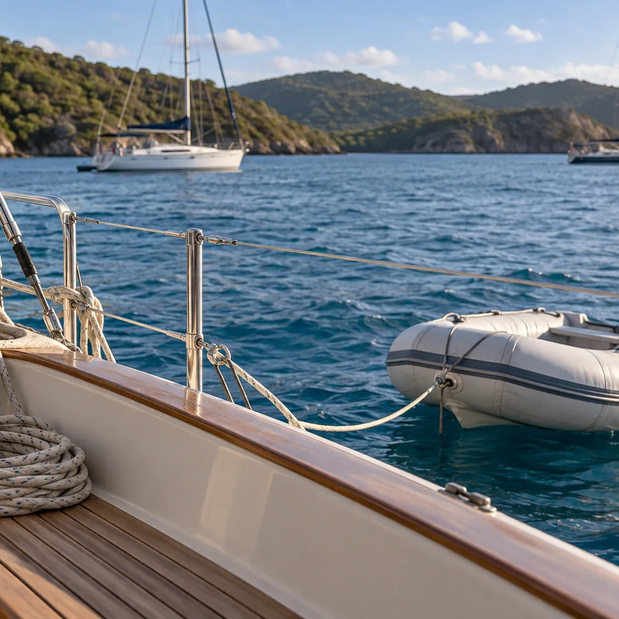 Coiled rope on a teak cockpit bench beside an inflatable tender, with two sailboats and green coastal hills beyond.