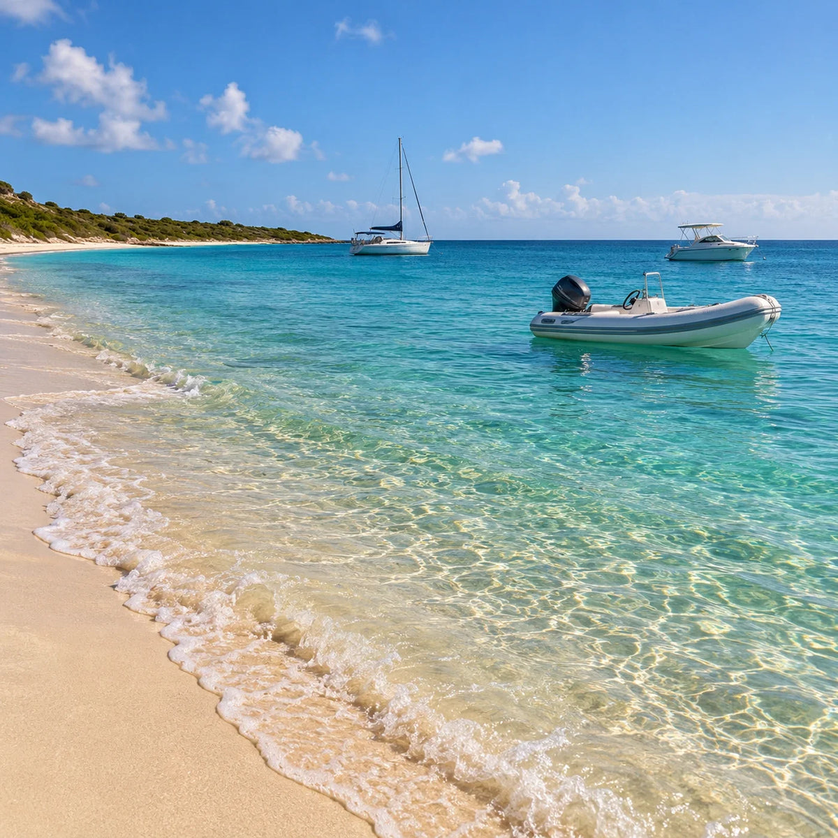 Inflatable tender in turquoise shallows, with a sailboat and powerboat farther offshore beside a low green coastline.