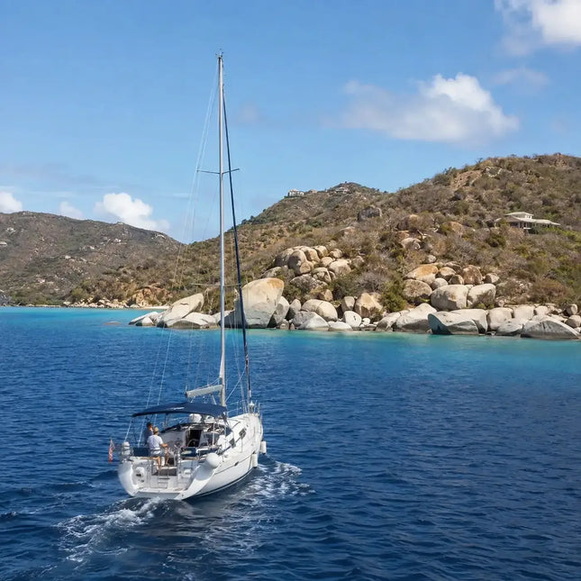 Cruising sailboat approaching the green hills and rounded granite shoreline of Virgin Gorda.