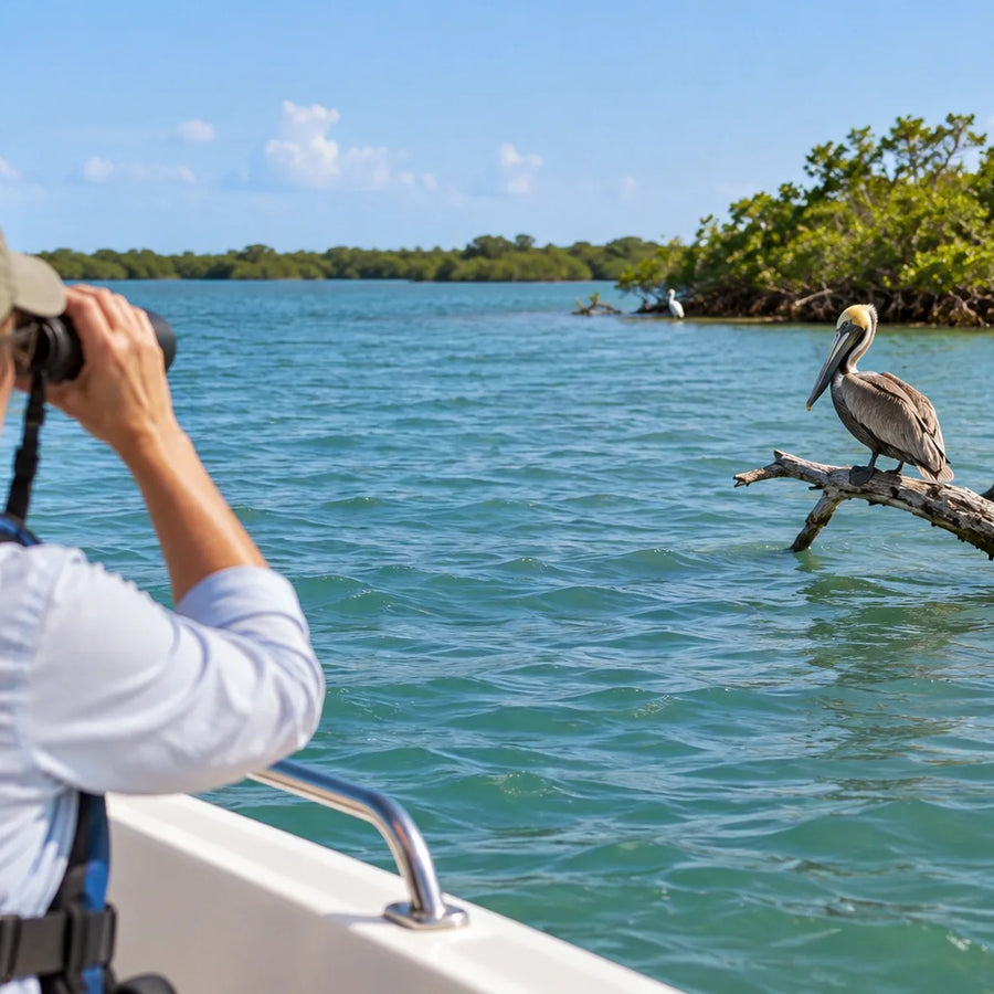 A passenger wearing a life jacket watches a brown pelican through binoculars from a boat, with blue-green water and mangroves beyond.