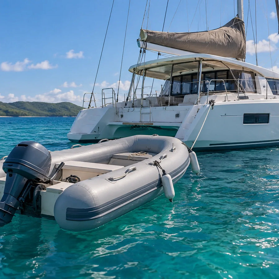 Gray inflatable dinghy with an outboard motor beside a white sailing catamaran on turquoise water.