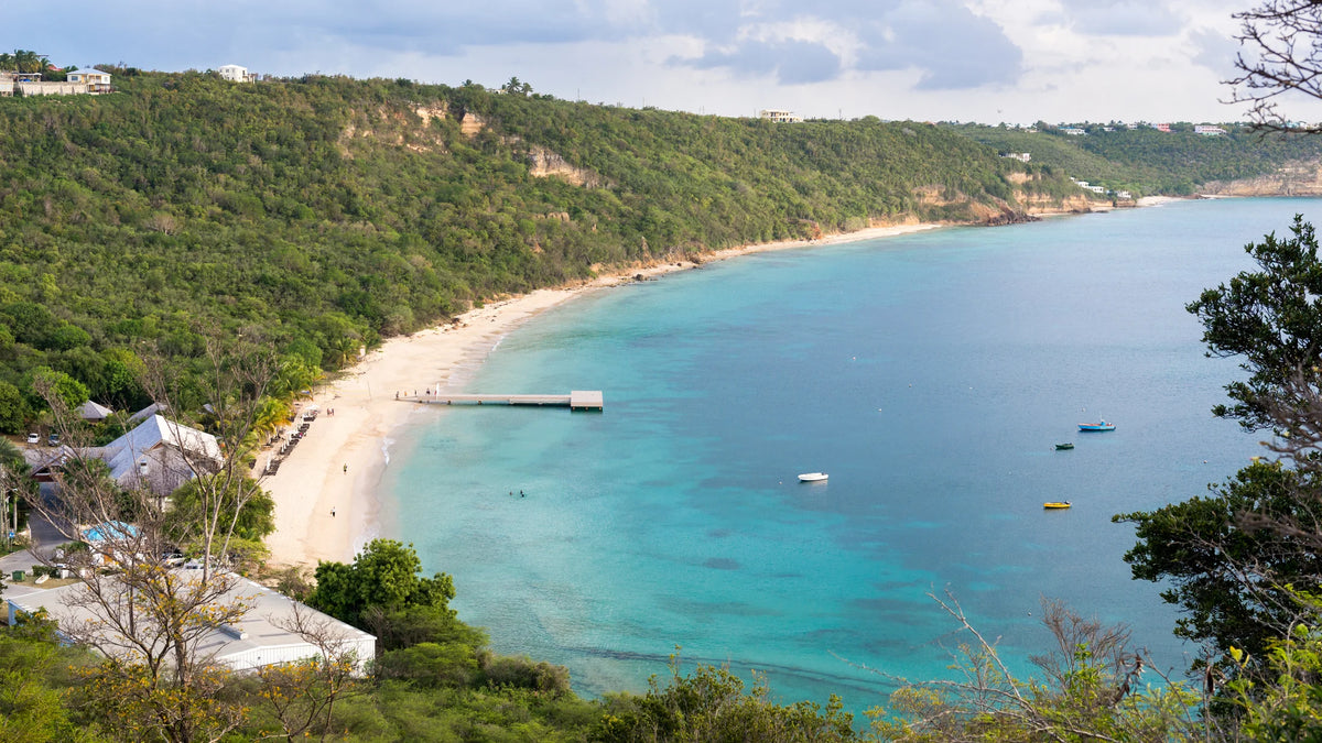Small boats on blue-green water beside a sandy beach and pier, with a wooded hillside and waterfront buildings.