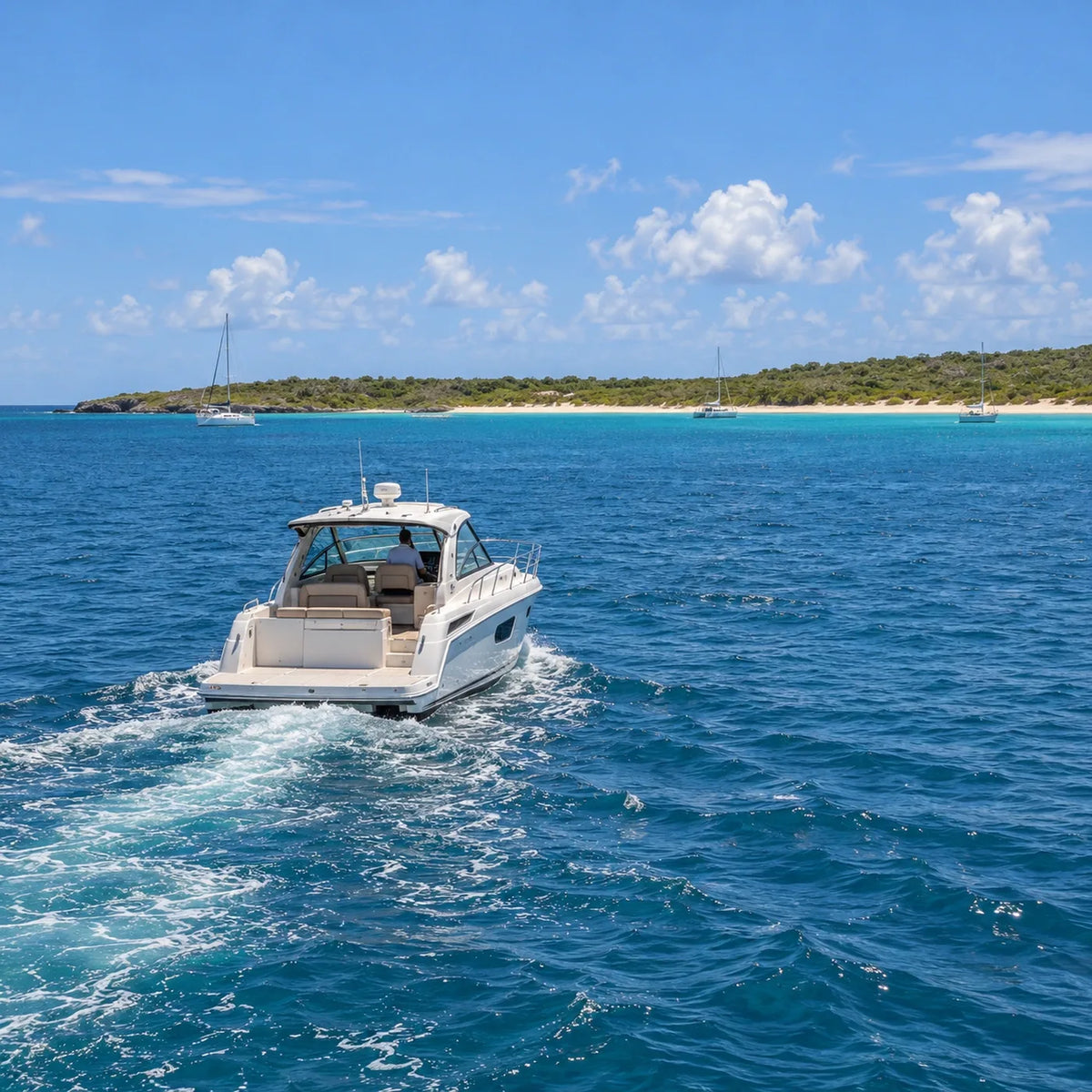 Stern view of a white power cruiser leaving a short wake across blue water toward a beach and low green coastal slopes.