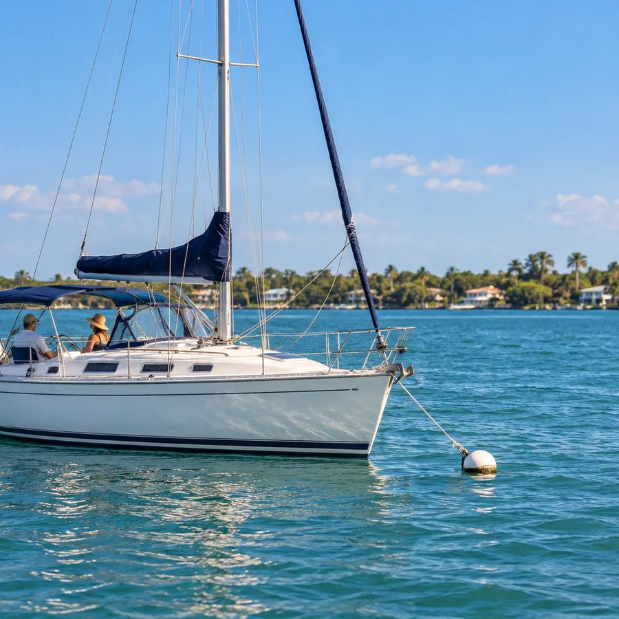 Two adults beneath a navy cockpit canopy on a white sailboat secured to a mooring buoy, with blue-green water and a tree-lined shore beyond.