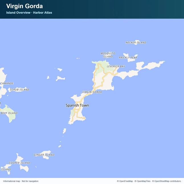 Map of Virgin Gorda showing Spanish Town, Leverick Bay, nearby islands, and surrounding waters.