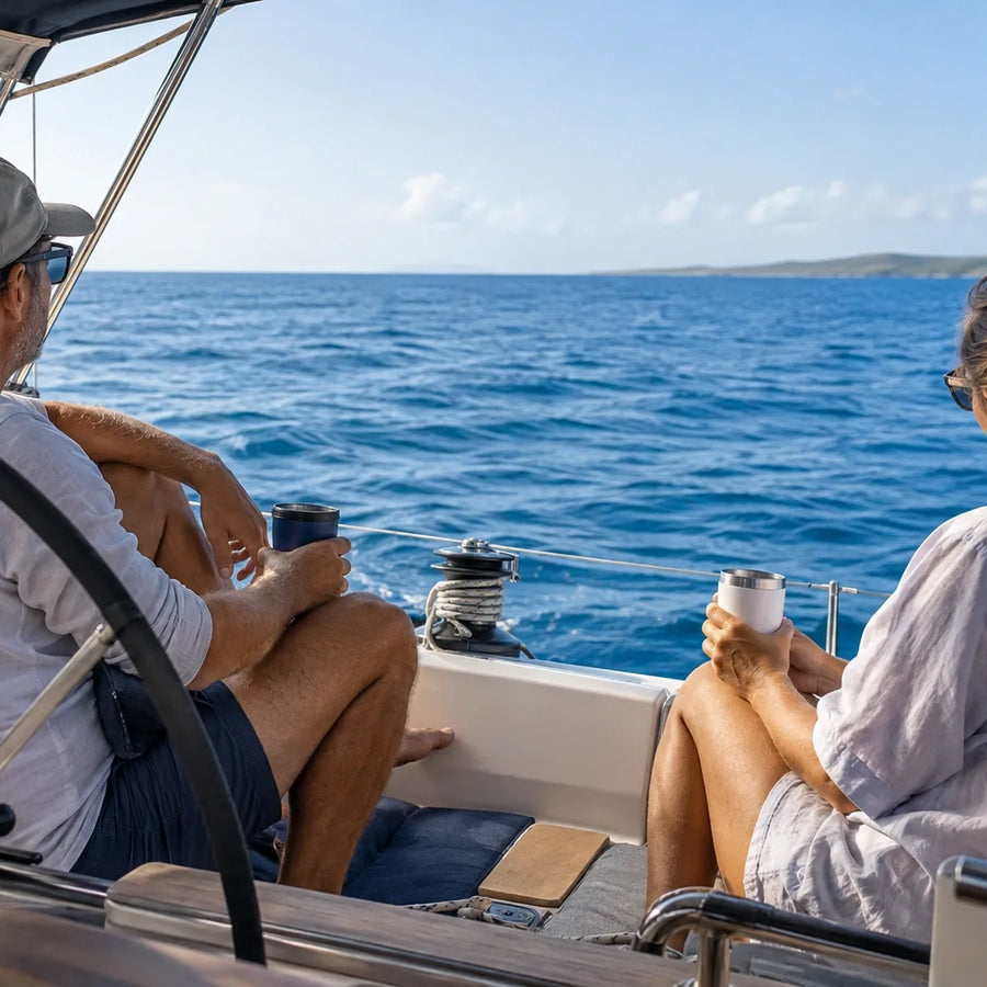 Two adults holding reusable cups relax beneath a sailboat canopy, looking across blue water toward a distant low coastline.