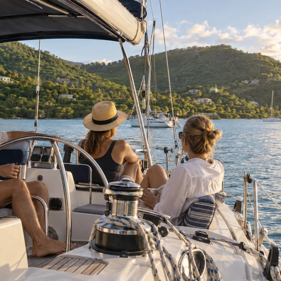 Three cruisers relaxing in a sailboat cockpit with anchored boats and green hills across Soper’s Hole.