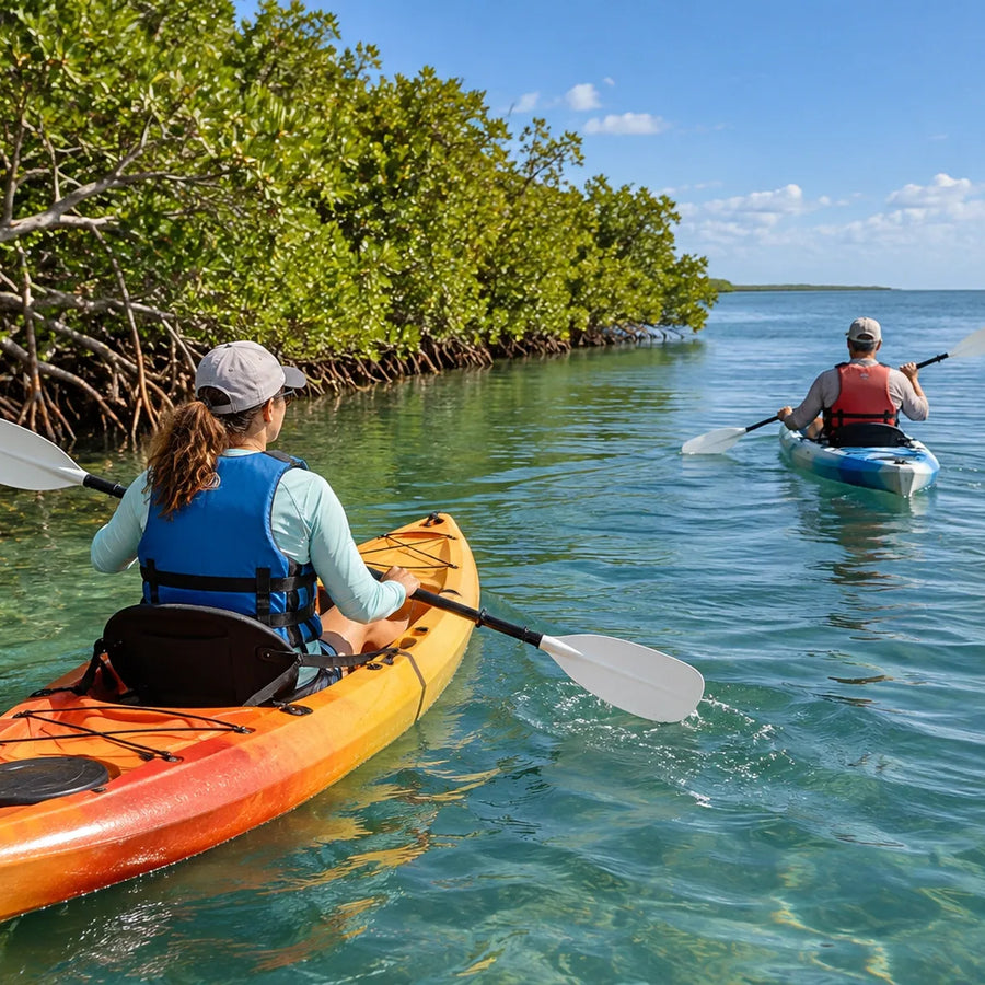 Two kayakers wearing life jackets paddle beside exposed mangrove roots, with open blue-green water ahead.
