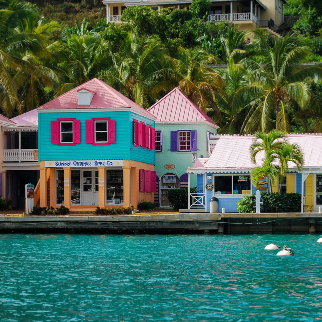 Colorful waterfront buildings beside turquoise water at Soper’s Hole marina on Tortola.