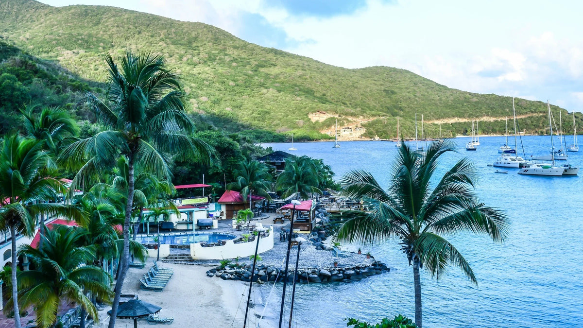 Palms and colorful beachside buildings overlook blue water dotted with sailboats and catamarans beneath a green hillside.