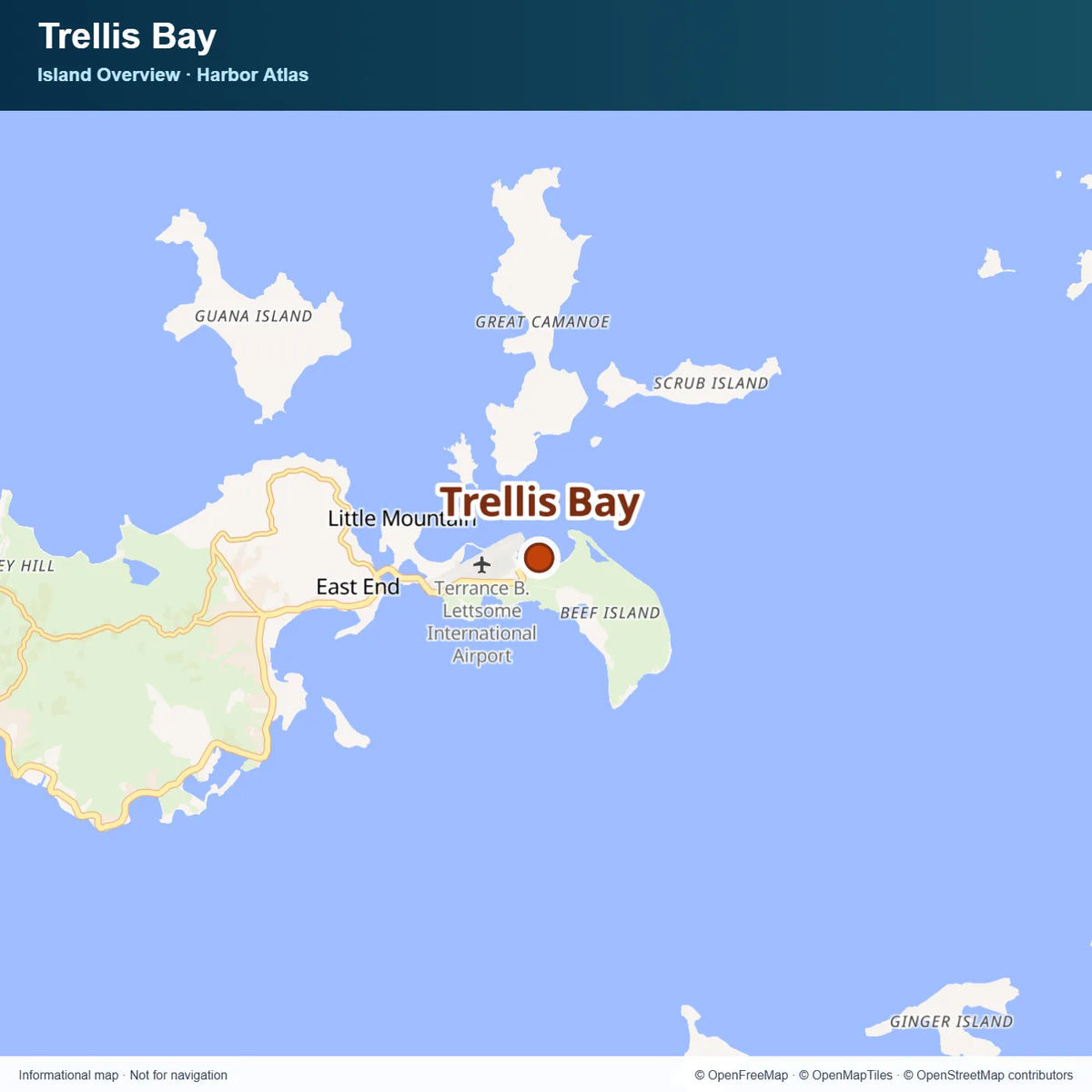 Location map showing Trellis Bay on Beef Island, British Virgin Islands.