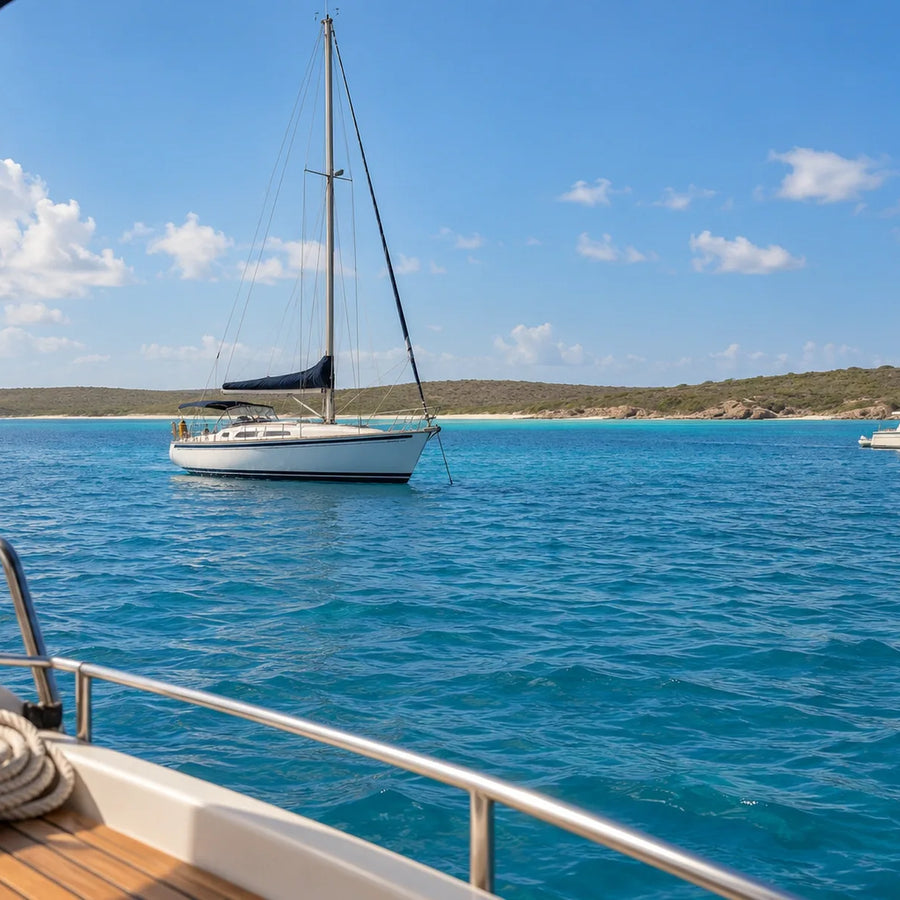 Coiled rope and cockpit rail in the foreground, with a white sailboat and power cruiser across rippled blue water.