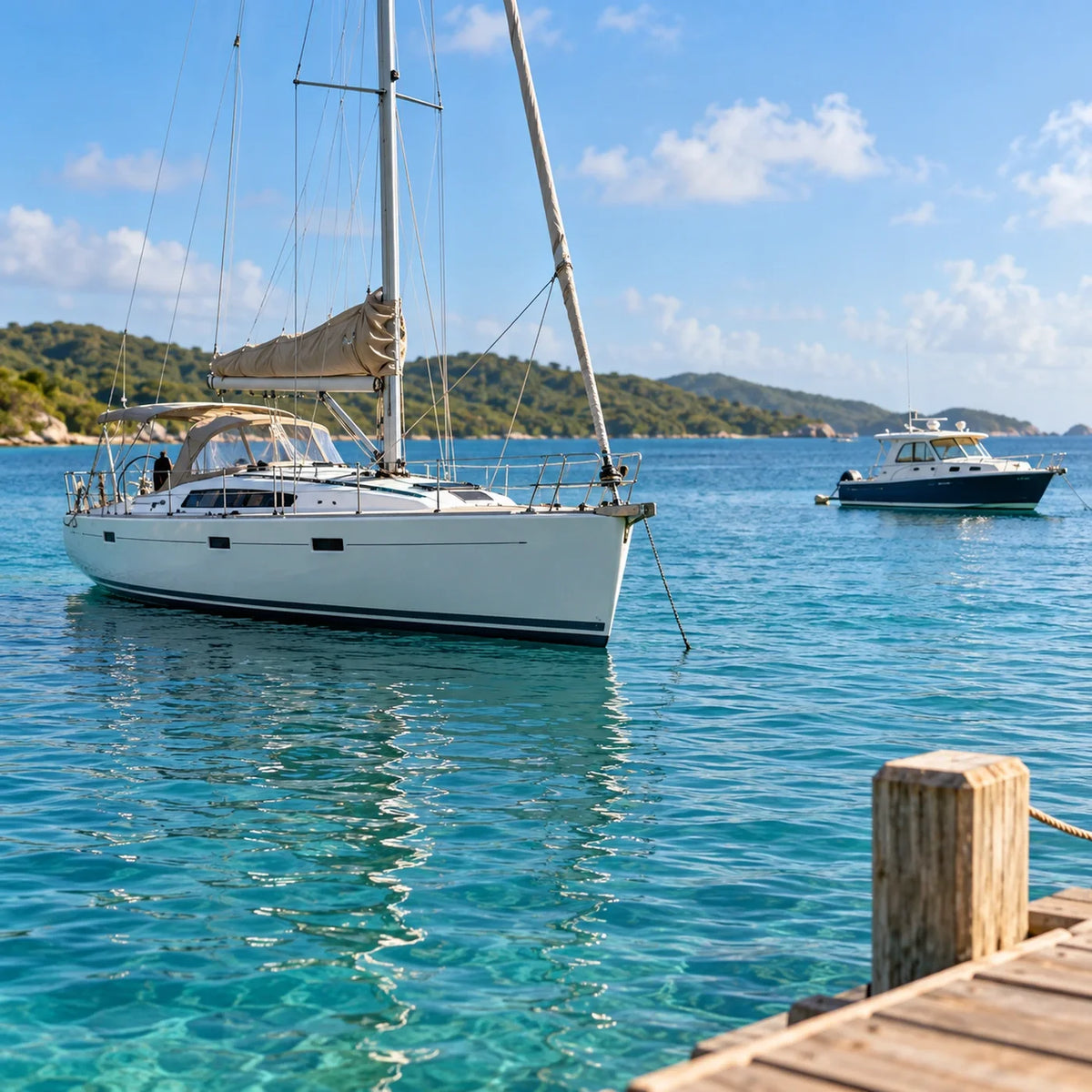 A white sailboat in the foreground, a blue-hulled power cruiser farther away, and green coastal hills beyond.