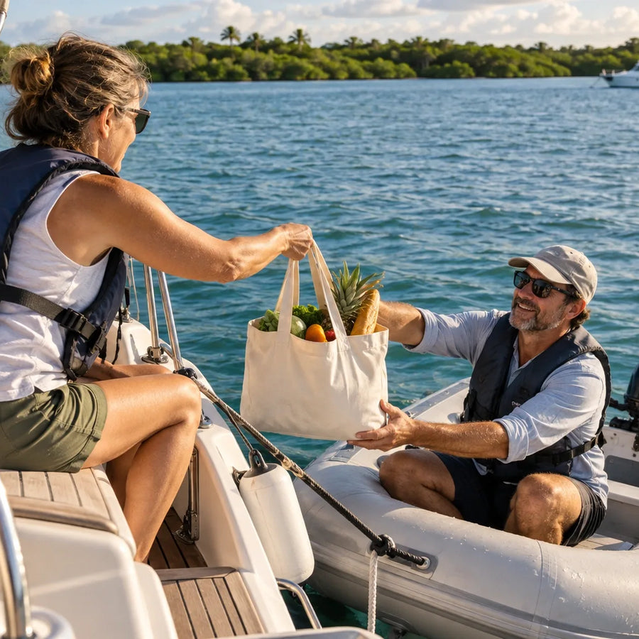 Two boaters wearing life jackets transfer a canvas bag of groceries between a sailboat and an inflatable dinghy, with a green shoreline beyond.