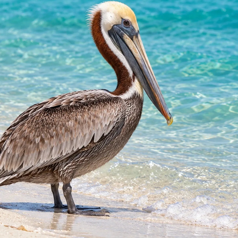 Brown pelican standing on wet sand beside clear turquoise water.
