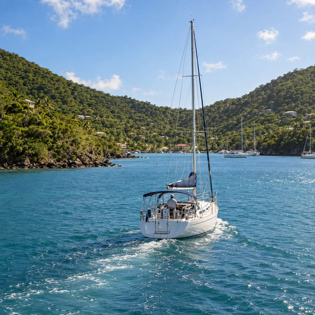 Recreational cruising vessel approaching the green, hilly coastline of Soper's Hole.