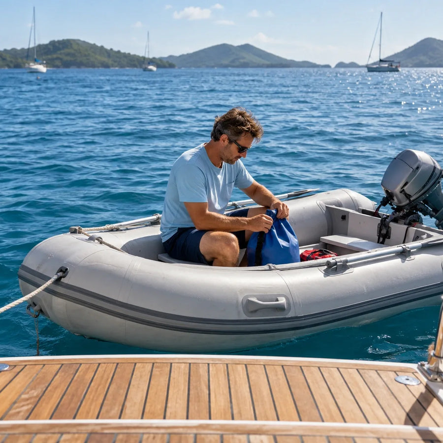 Man securing a blue dry bag in an inflatable dinghy beside a yacht’s swim platform, with sailboats and green hills beyond.