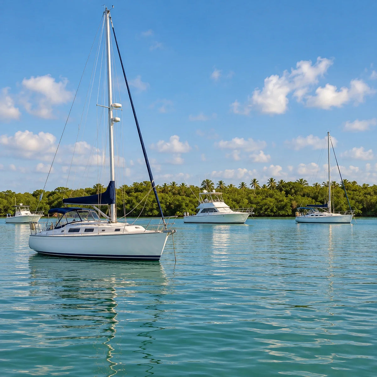 A white sailboat in the foreground, with powerboats and another sailboat on rippled water beside mangroves and palms.