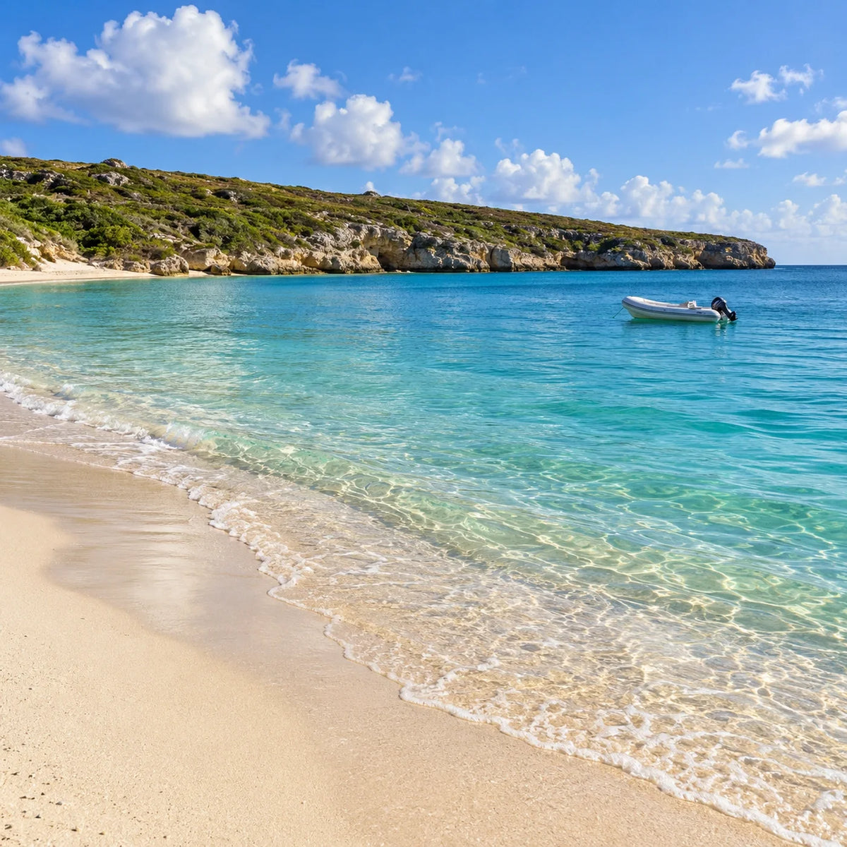 A small dinghy floats on turquoise water beside a sandy beach, with a low rocky shoreline and coastal vegetation.