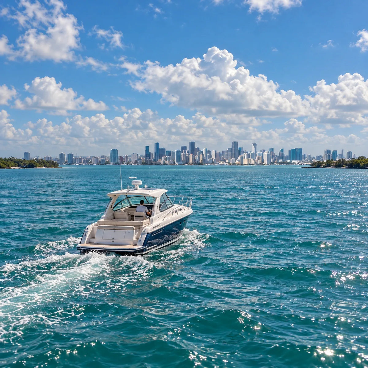 A cabin cruiser seen from behind leaves a short wake, with distant high-rise buildings beneath scattered clouds.