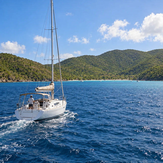 Sailboat underway on blue water toward a green, hilly shoreline, with several boats in the distant bay.
