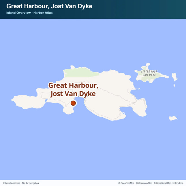 Island map of Jost Van Dyke with a marker identifying Great Harbour on its south coast.