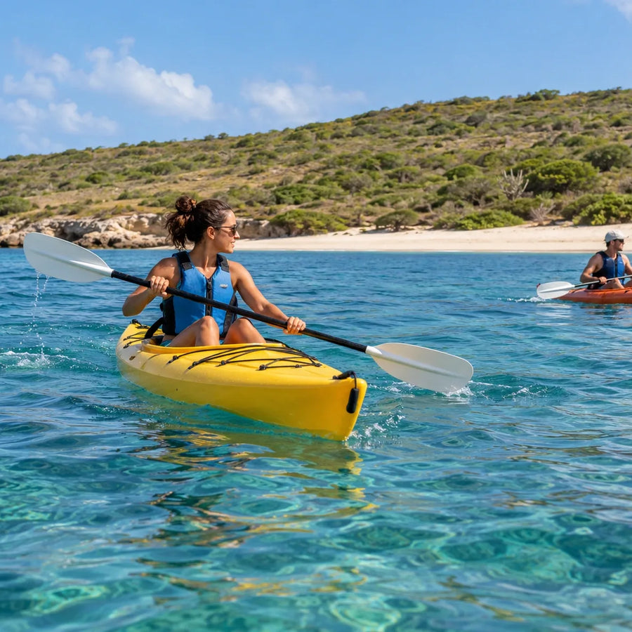Two paddlers wearing blue buoyancy vests travel in yellow and orange kayaks beside a sandy beach and low green hillside.