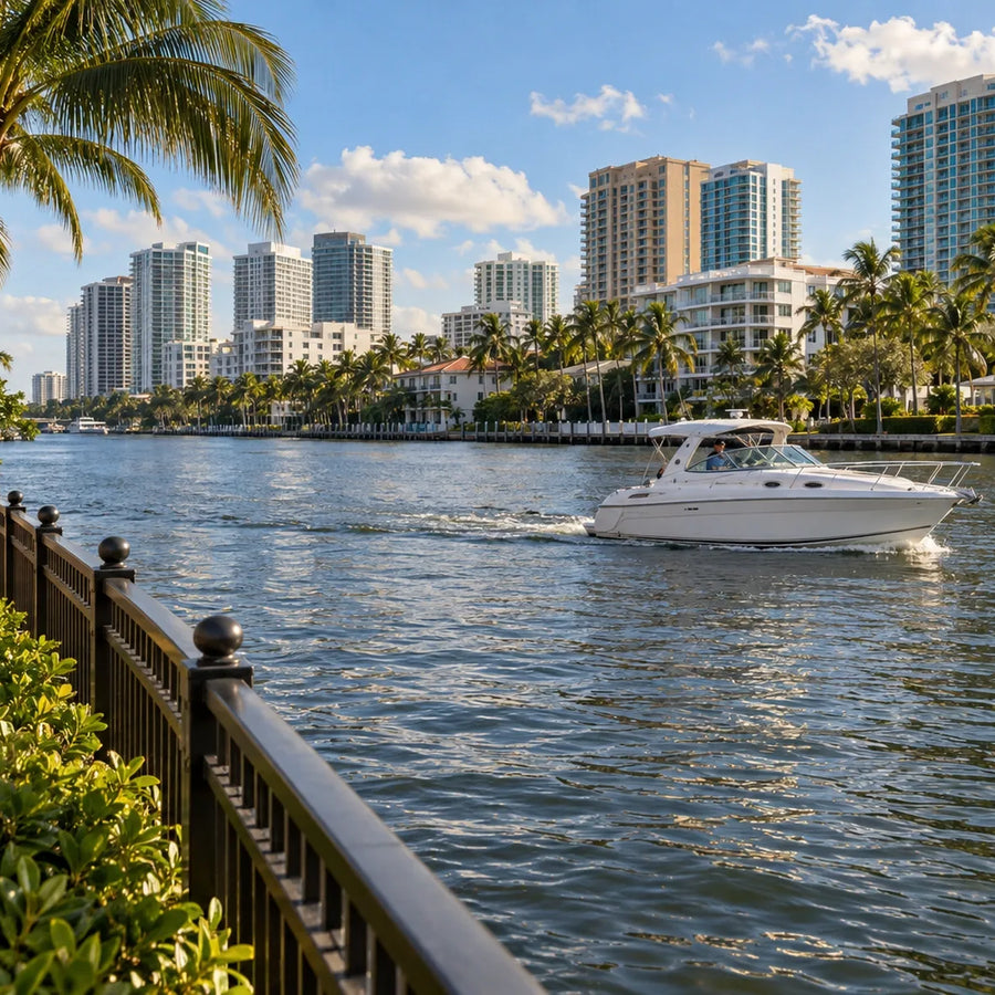 A cabin cruiser passes a palm-shaded promenade where two people walk beside the water, with high-rise buildings beyond.