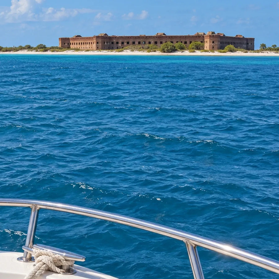 Boat bow with stainless steel railing and a secured rope, facing a distant sandy shoreline and fort.