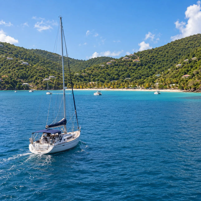 View from behind a sailboat approaching a palm-lined beach, with other boats in the bay and green hills beyond.