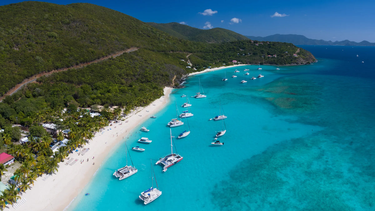 Sailboats and catamarans scattered across turquoise water beside a curving beach and green hills.
