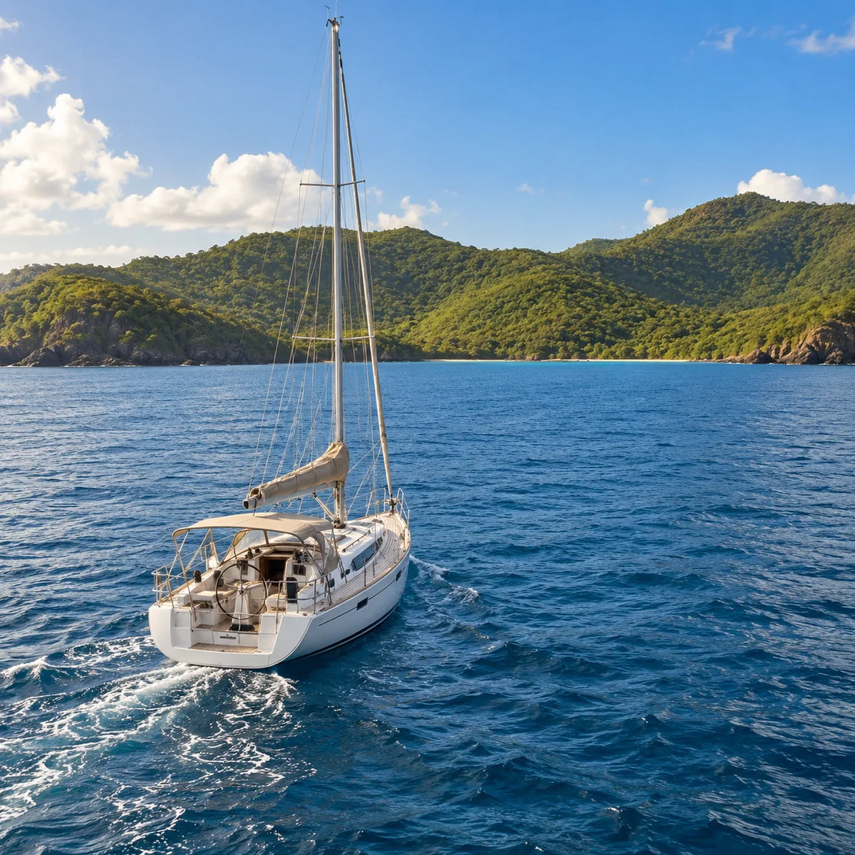 Rear view of a sailboat with furled sails and a gentle wake, heading toward a wooded bay.