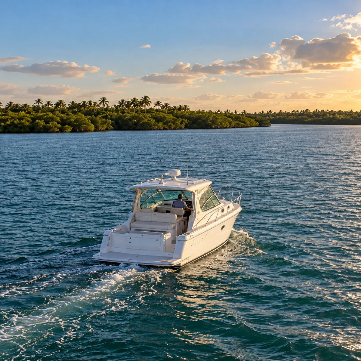 A white cabin cruiser viewed from behind, leaving a gentle wake toward a low shoreline of mangroves and palms.