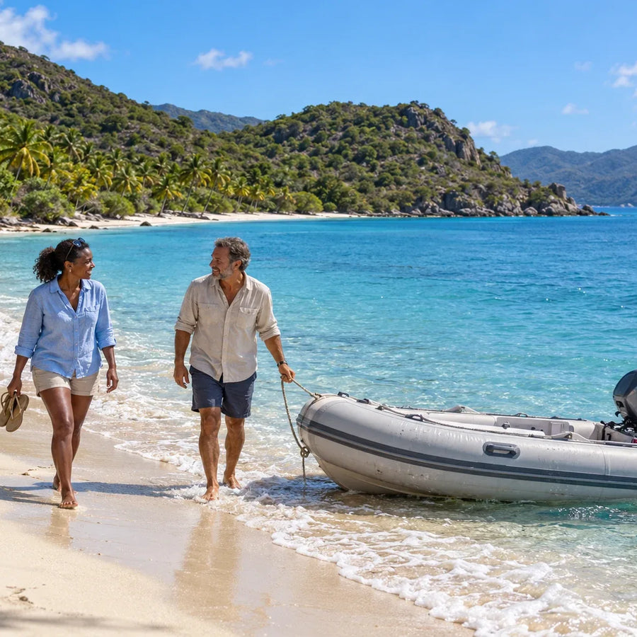 Two adults stand barefoot beside a gray inflatable dinghy on a sandy beach, with a sailboat and rocky green hills across the blue water.