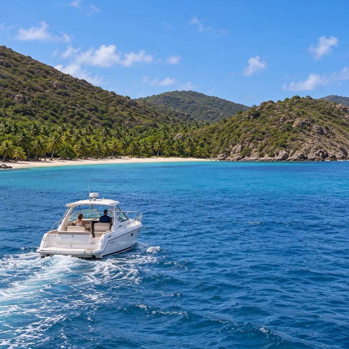 Two adults aboard a white power cruiser heading toward a palm-lined beach beneath green, rocky hills.