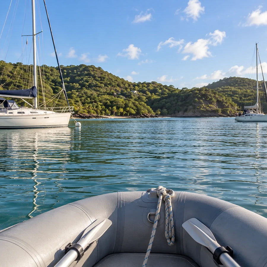 View over a gray inflatable dinghy’s bow toward two sailboats, with wooded hills behind.