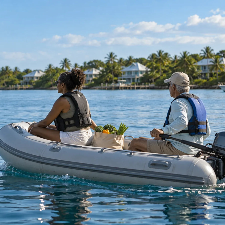 Two adults wearing life jackets ride in a gray inflatable dinghy carrying groceries, with boats and palm-lined homes behind them.