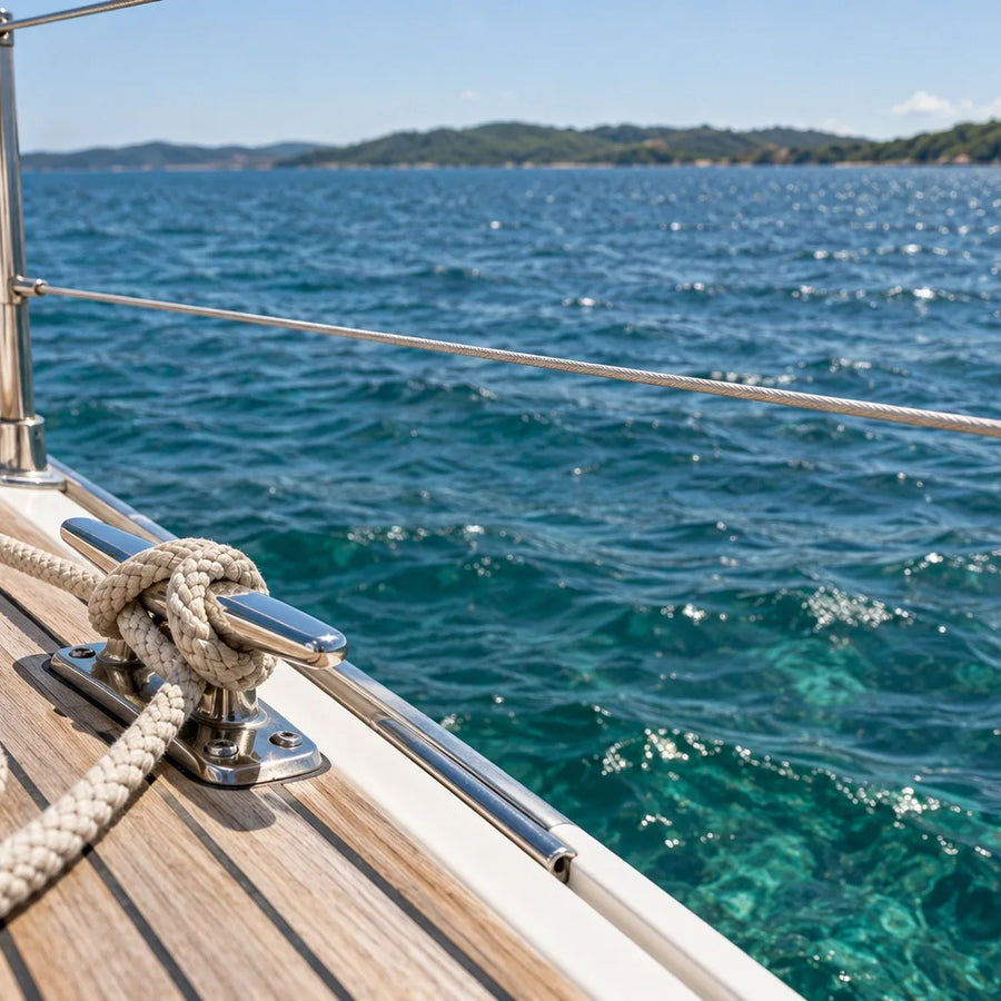 Cream rope wrapped around a stainless steel cleat on a teak deck beside sparkling blue-green water.