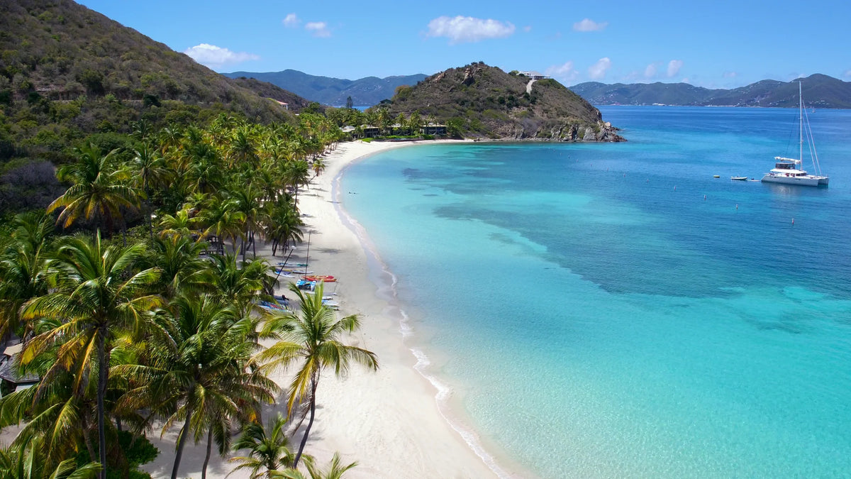 Elevated view of a palm-lined white-sand beach, small colorful beach boats and turquoise water.