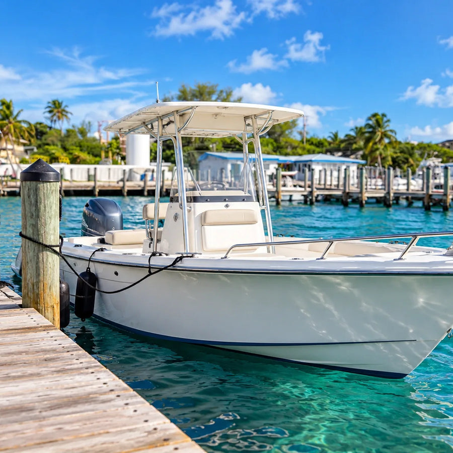 A boater handles a mooring line beside a white center-console boat, with turquoise water, palms and waterfront buildings beyond.