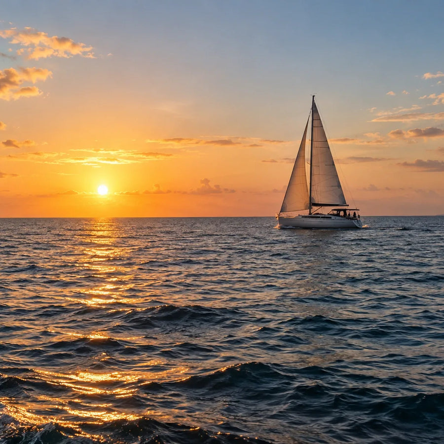 A sailboat under sail beside a low setting sun, with golden reflections across rippled water and a boat rail in the foreground.