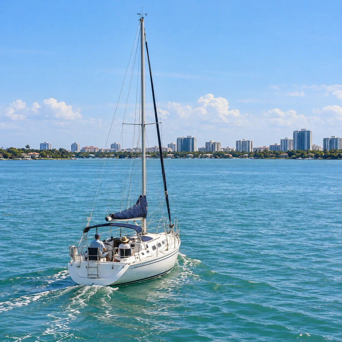 Stern view of a white cruising sailboat underway across blue-green water toward a flat, tree-lined waterfront with distant high-rises.