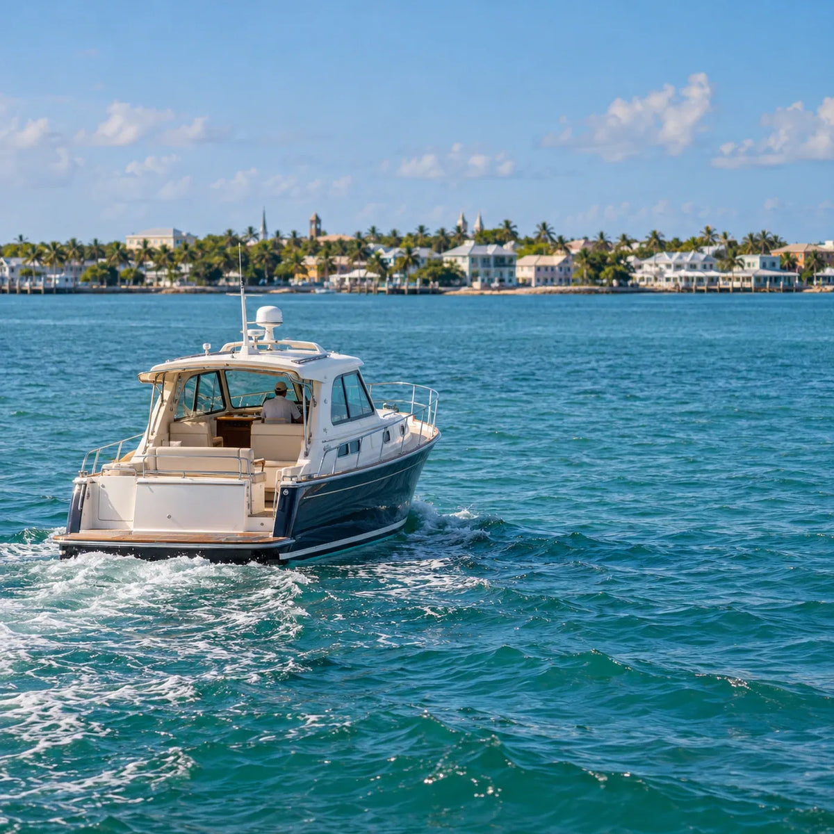 Stern view of a power cruiser moving across blue-green water toward low-rise waterfront buildings and palms.