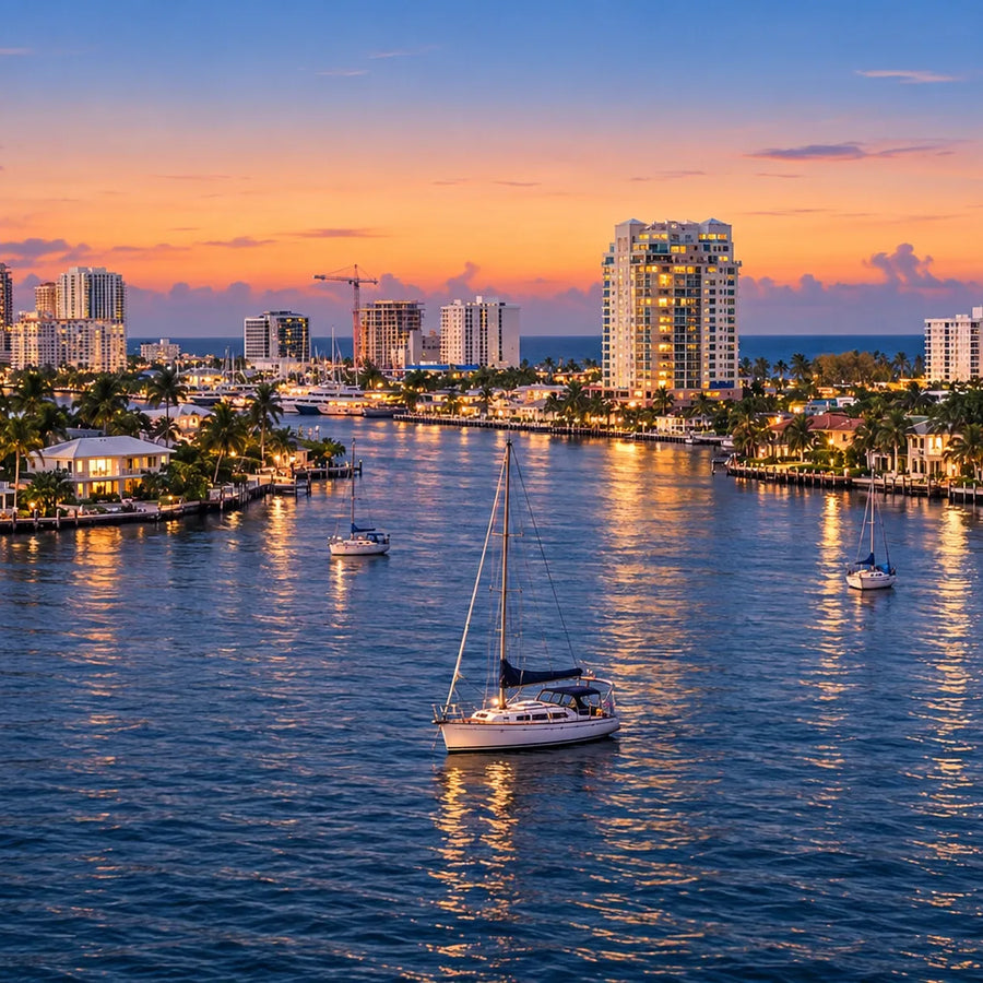Three sailboats rest on rippled blue water beneath a peach-colored sky, with illuminated waterfront homes and high-rise buildings beyond.